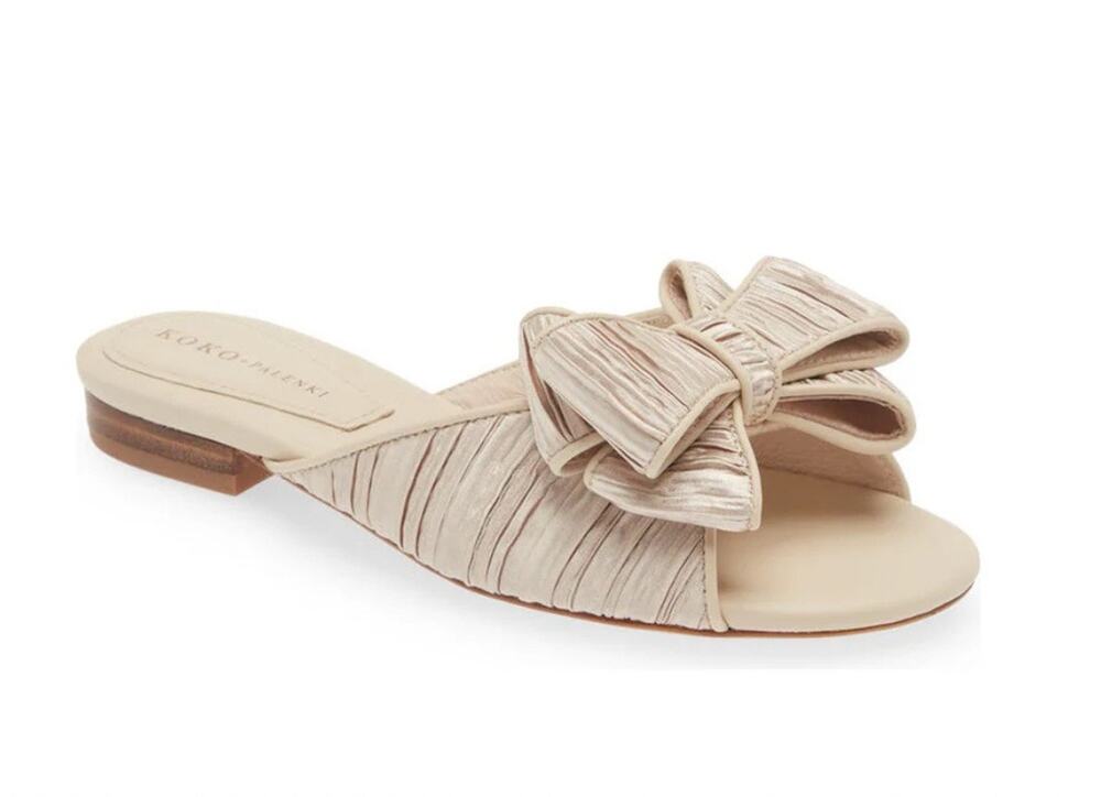 Koko + Palenki Champagne Satin Ruffled Dara Bow Slide Sandal Womens 7 Formal